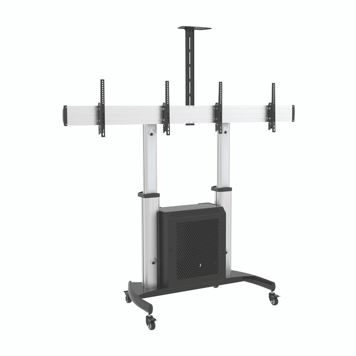 Dual Screen Aluminum Height-Adjustable Tv Cart With Cabinet